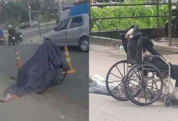 Corpo em cadeira de rodas foi levado pelo filho pelas ruas da Zona Norte do Rio - Foto: Reprodução