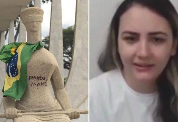 Débora Rodrigues dos Santos pichou estátua em frente ao STF no dia 8 de janeiro de 2023 - Foto: Reprodução
